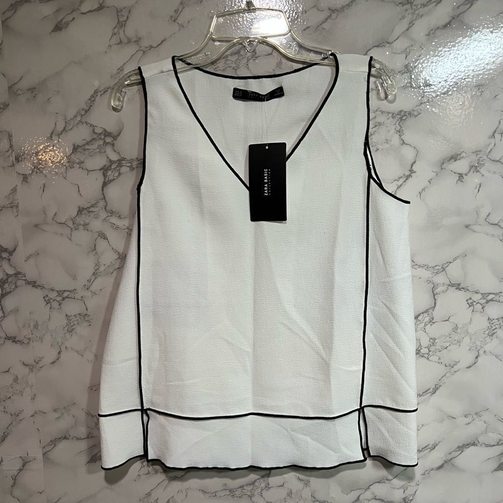 Zara White Neck Top with Contrast Piping Trim Size XS - Picture 3 of 13